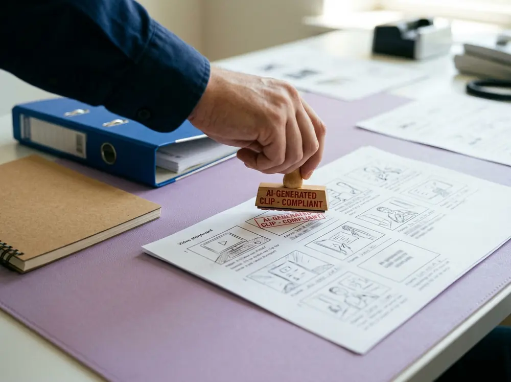 A compliance officer stamps a disclosure label on a printed video storyboard: EU rules require AI-generated content to be disclosed