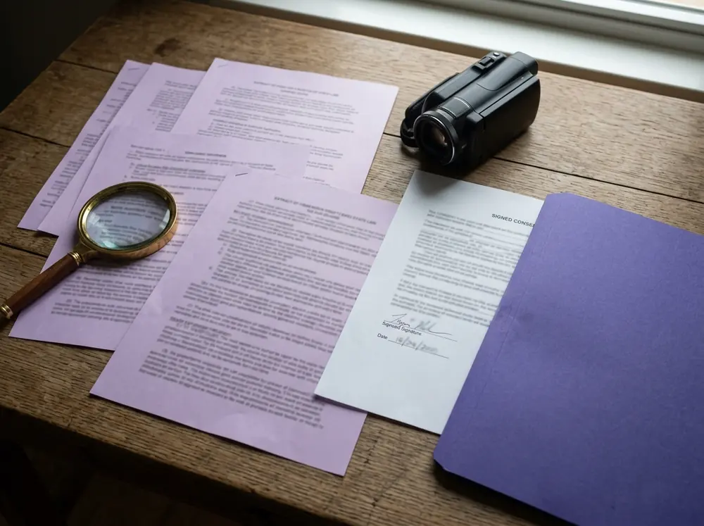 Printed state law extracts and a consent form beside a camera: whether a deepfake is illegal depends on what it shows, where and consent