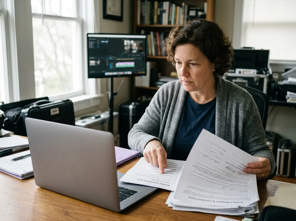 A producer checks a signed consent release before they publish an avatar video of a real person