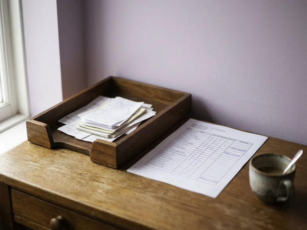 A desk inbox tray holding sorted correction slips next to a vendor pricing printout: how a message to the Humva desk is handled