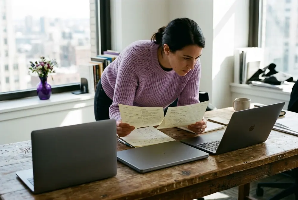 Two laptops side by side on a desk while a buyer compares two AI avatar video tools head to head
