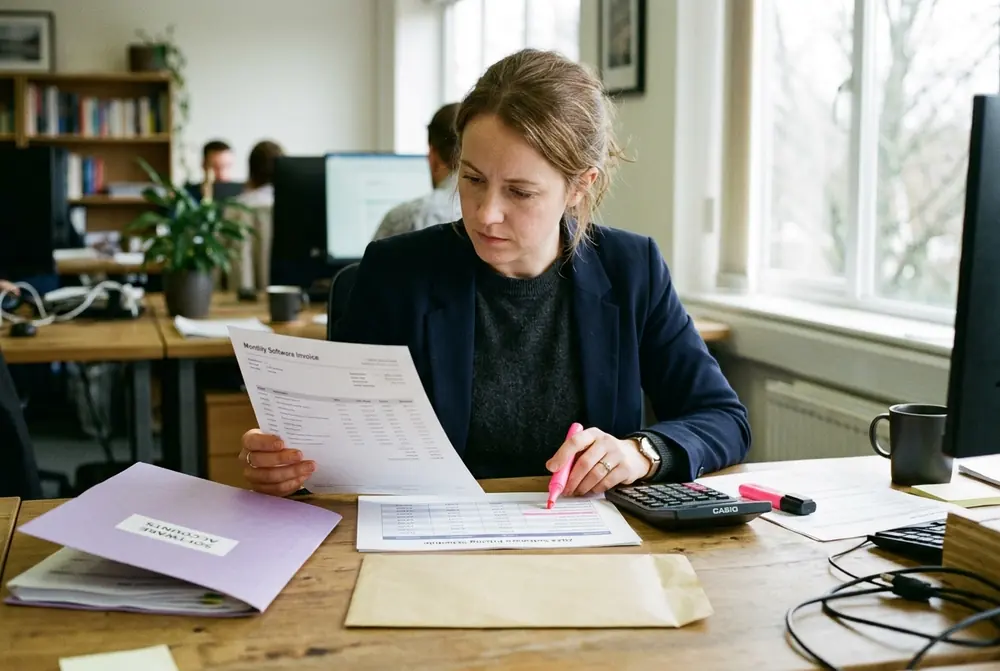 A finance lead checks a monthly software invoice against plan pricing with a calculator