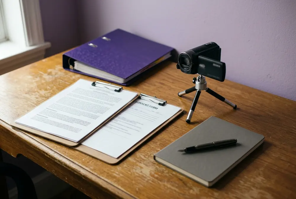 A legal guide in progress: printed statutes and a consent form on a desk next to a video camera