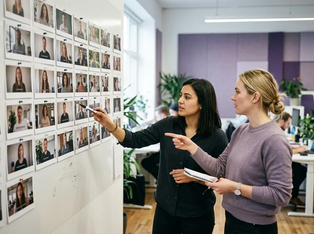 Two marketers compare printed frames of AI actor video ads on a whiteboard, the ad format an Arcads review weighs