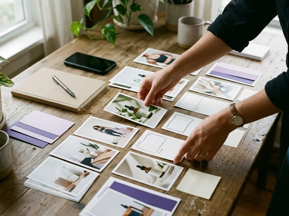A performance marketer lays out printed ad concepts for user-generated style video ads, the job a Creatify review prices