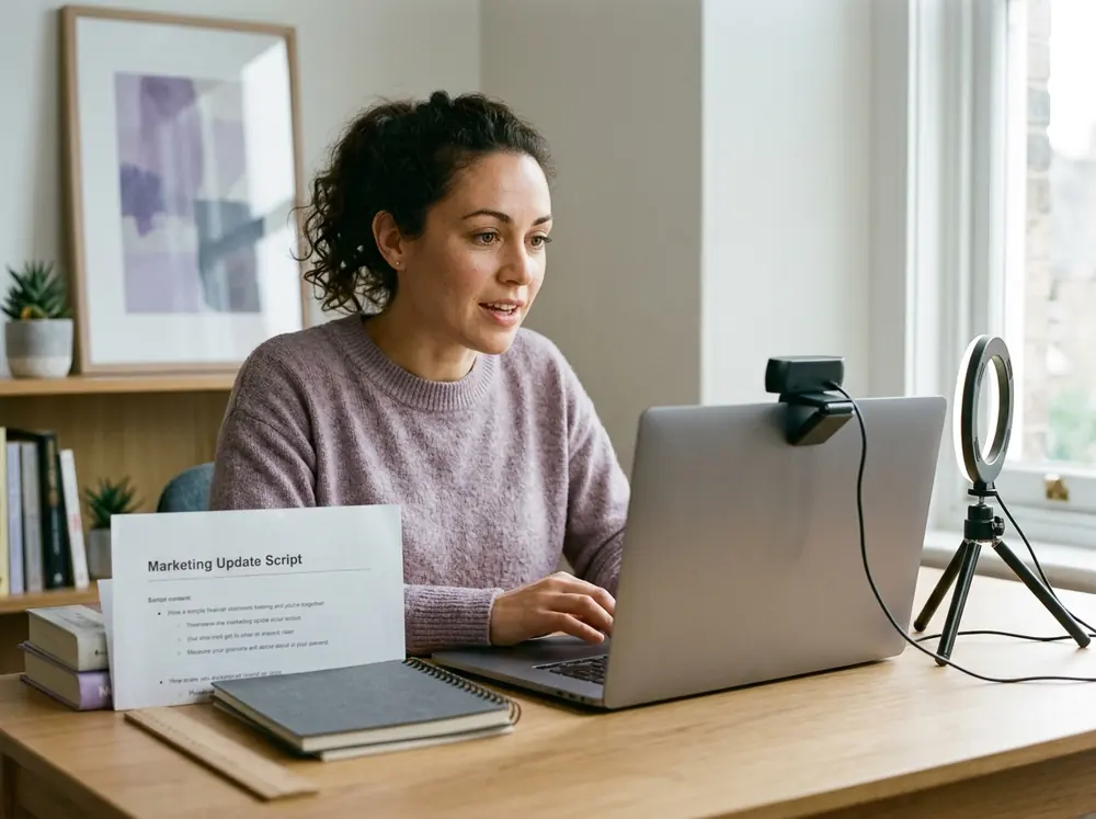 A marketing lead records a talking-head avatar video at a daylight desk, the kind of job a HeyGen review prices