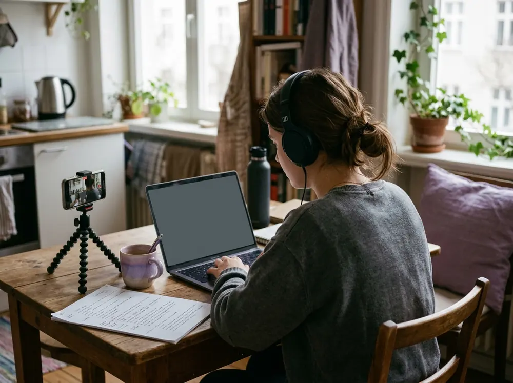 A creator edits a short explainer video on a laptop at a kitchen table, the script-to-video job an InVideo AI review covers