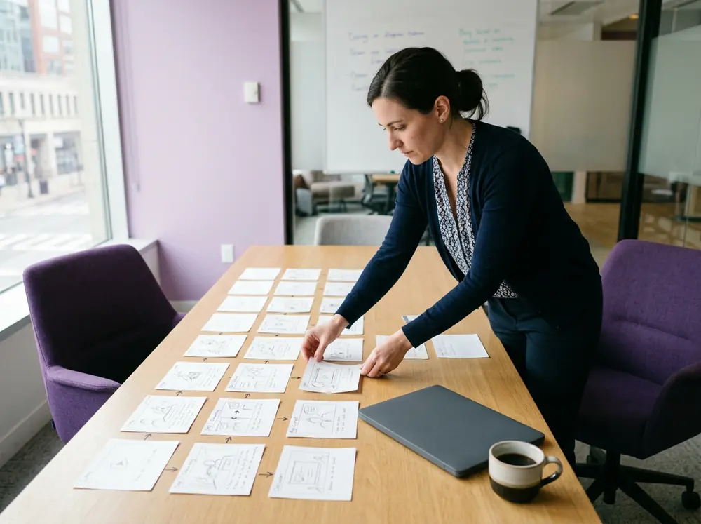 A learning and development manager plans a training video storyboard with sticky notes, the job a Synthesia review weighs