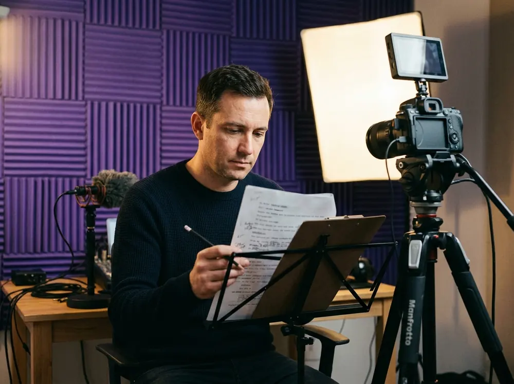 A presenter reads a printed script on a stand before recording, the first step to create a video with an avatar