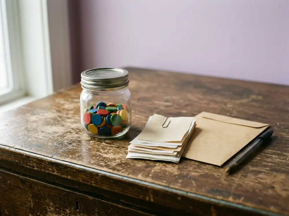 A glass jar of unused credit tokens on a desk beside monthly plan receipts and a plain envelope: what happens to HeyGen credits you do not use