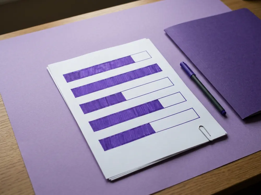 A printed scorecard sheet with five weighted criteria rows marked in violet beside a dated evidence folder: how the HeyGen score is built